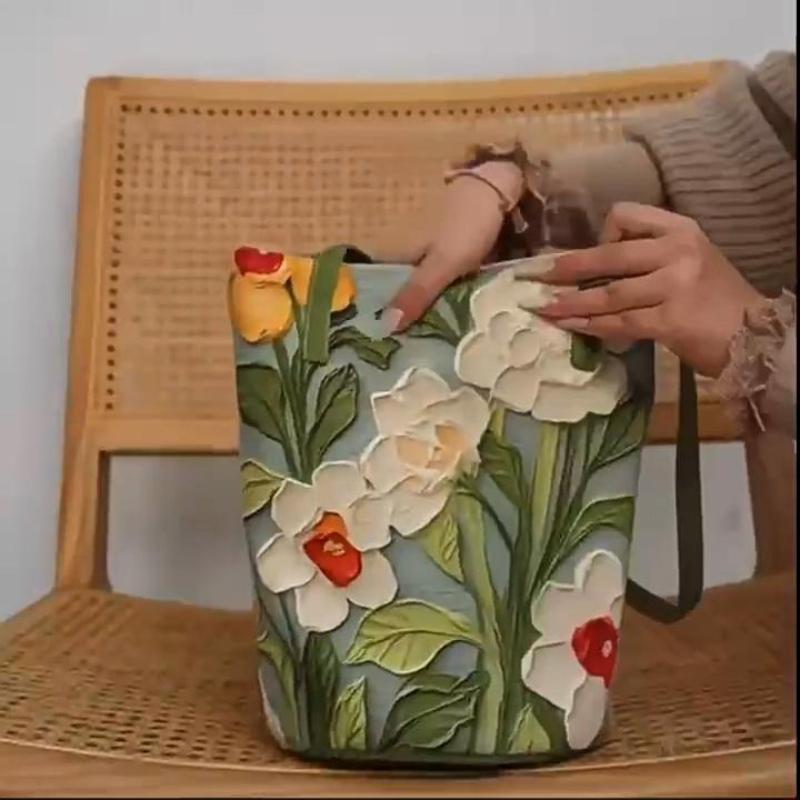 Neue Mode Blumenmuster Bucket Bag Canvas Lässige Umhängetasche Große Kapazität Kreative Handtasche für Damen