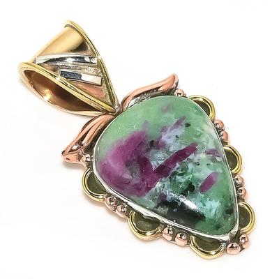 Ruby In Zoisite Lab-Created 925 Sterling Silver Gift Two Tone Pendant 1.30" U8d49