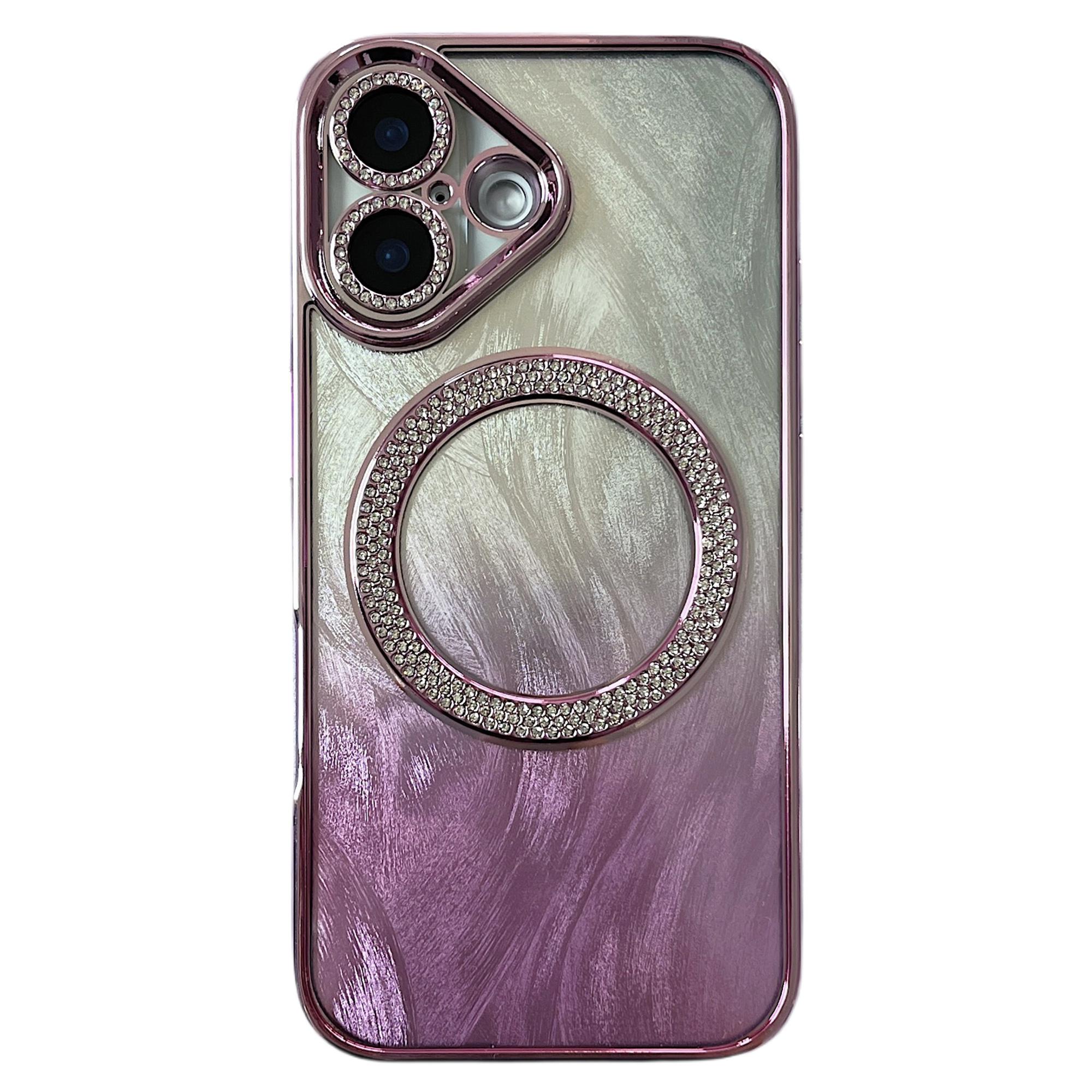 

For iPhone 16 Magnetic Case Feather Texture Bling Sparkly TPU+PC Phone Cover Pink
