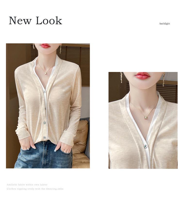 2025 Spring/Summer Colorblock V-Neck Fine-Knit Cardigan – Long Sleeve, Loose Fit, Versatile Two-Piece Top