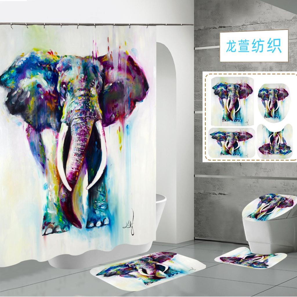 Polyester Elephant 3D Digital Printing Bathroom Personalized Partition Shower Curtain Four-Piece Set