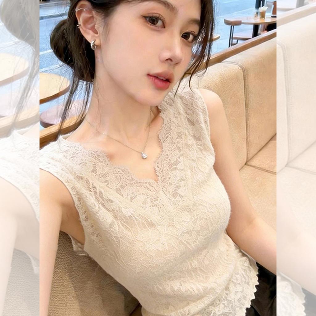 Light ripe wind V-neck lace knitted vest women's spring and summer slim-fitting gentle wind inner bottoming shirt sleeveless top