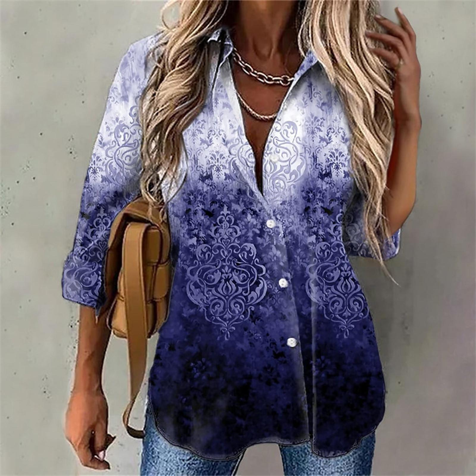 

Women s Loose Casual Fashion Tie- Printed Button Down Long Sleeve Shirt L синий