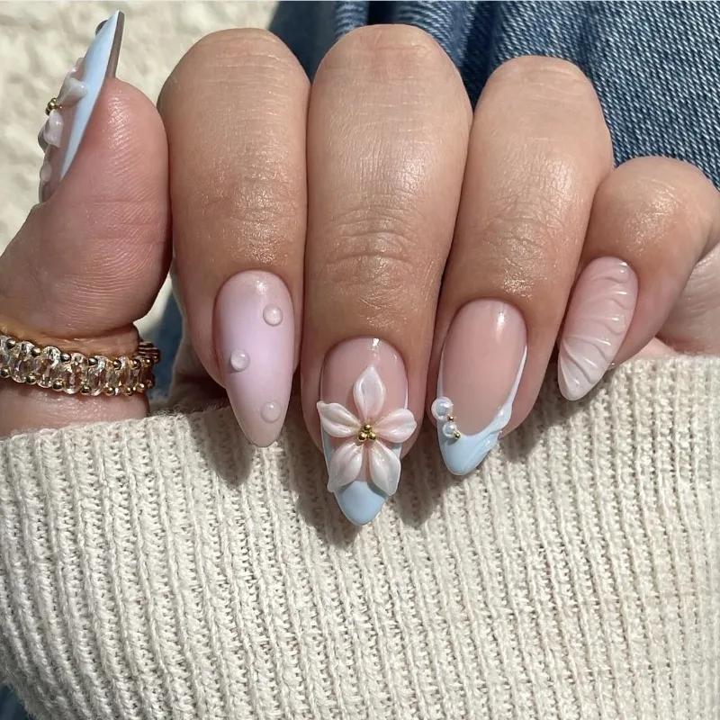 24PCS Summer Almond False Nail 3D Flower Shell Fresh Design Fake Nail Full Cover Acrylic Wearable French Nail Tips Art Beauty