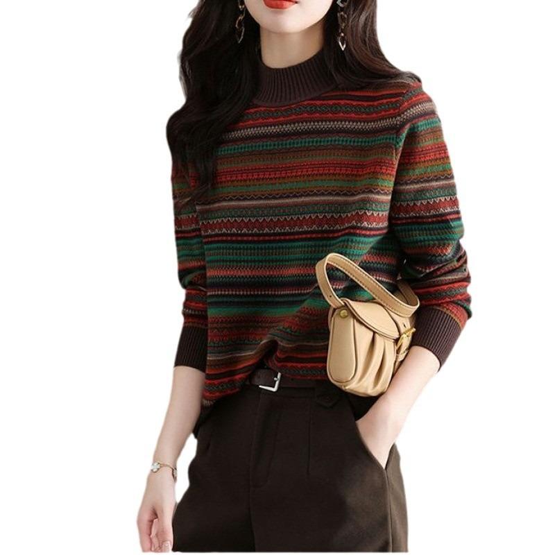 Retro Jacquard Pullover mit halbem Rollkragen Damen Herbst und Winter neu dick modisch gestreift locker gestricktes Unterhemd