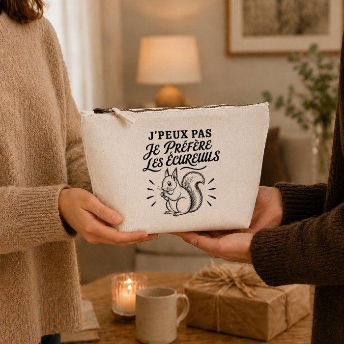 Trousse Beige J’peux pas je préfère les Écureuils J'peux pas minimaliste | Trousse de Toilette en Coton 3 L avec Zip Métal et Fond