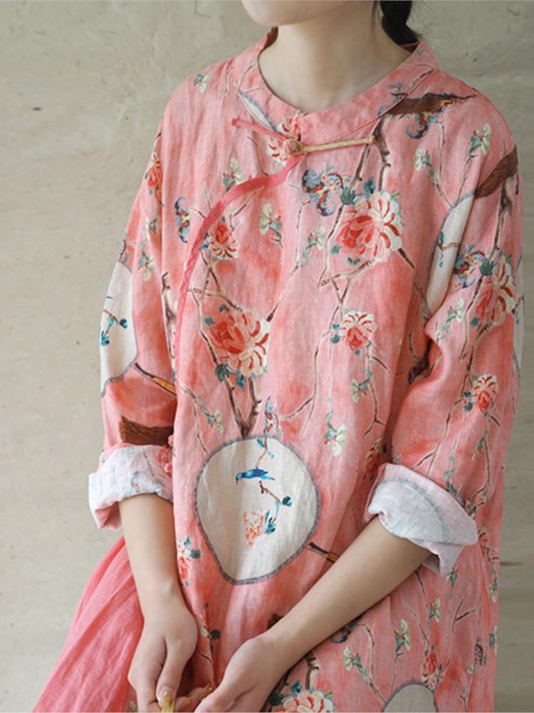 Johnature Women Retro Fashion Print Stand Plate Buckle Cheongsam Dresses Summer Cotton Linen Three Quarter Sleeve Dress