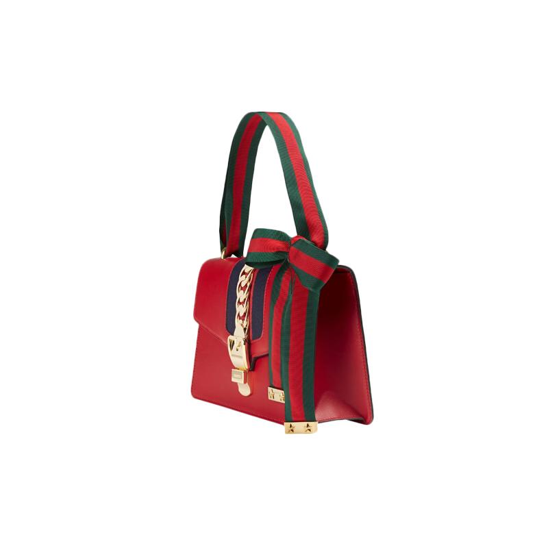 Gucci Sylvie gold buckle striped webbing grosgrain bow wide shoulder strap leather one-shoulder crossbody handbag small women's red