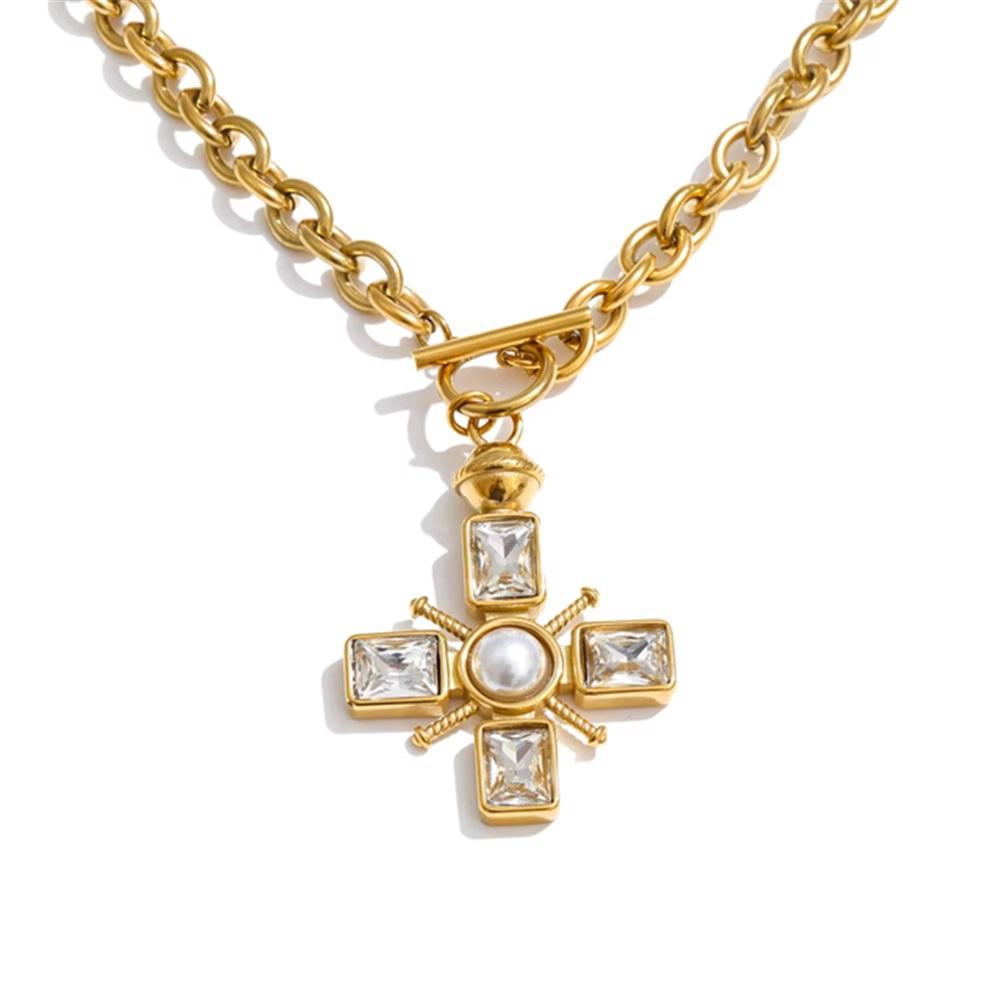 Stainless Steel Pearl Cubic Zirconia Cross Classic Necklace Pendant Hot Style Delicate Stylish Chic Jewelry