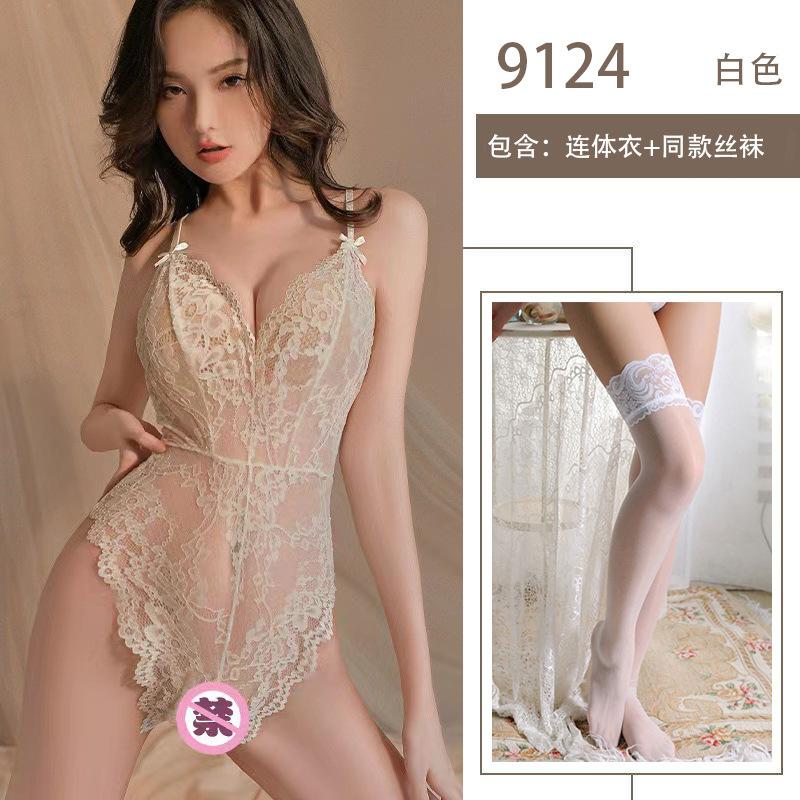 Sexy Lingerie One-piece Lace Temptation Hot Hollow Perspective Open File Free Onesie Women