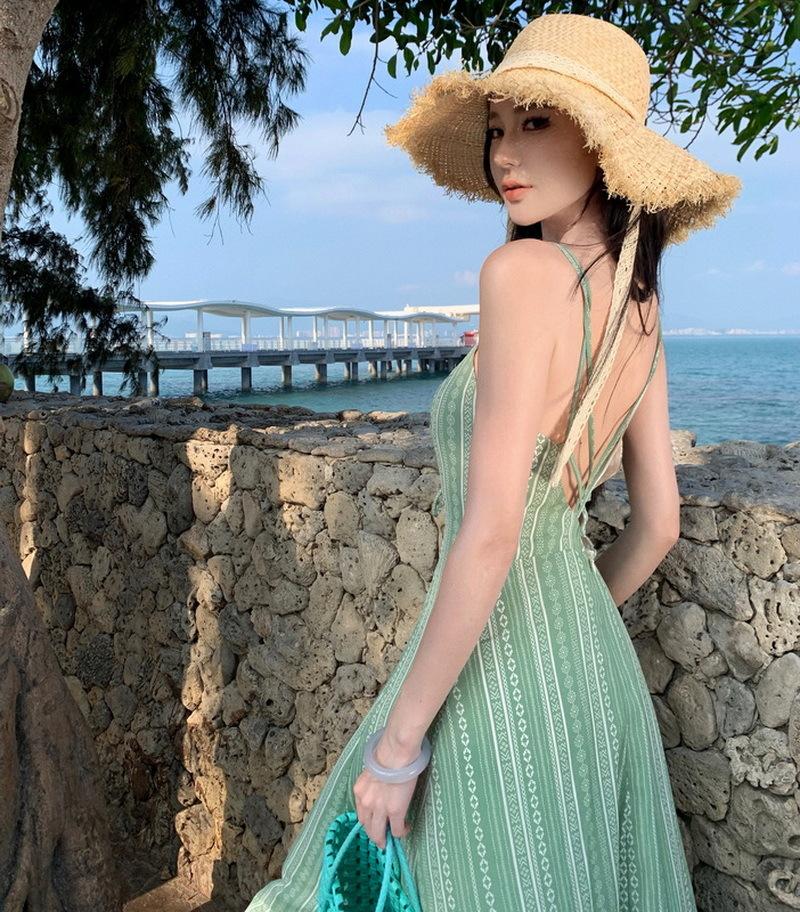 Seaside Photo Clothes Fairy Light Green Print Suspender Dress Seaside Vacation Backless Slim Dress