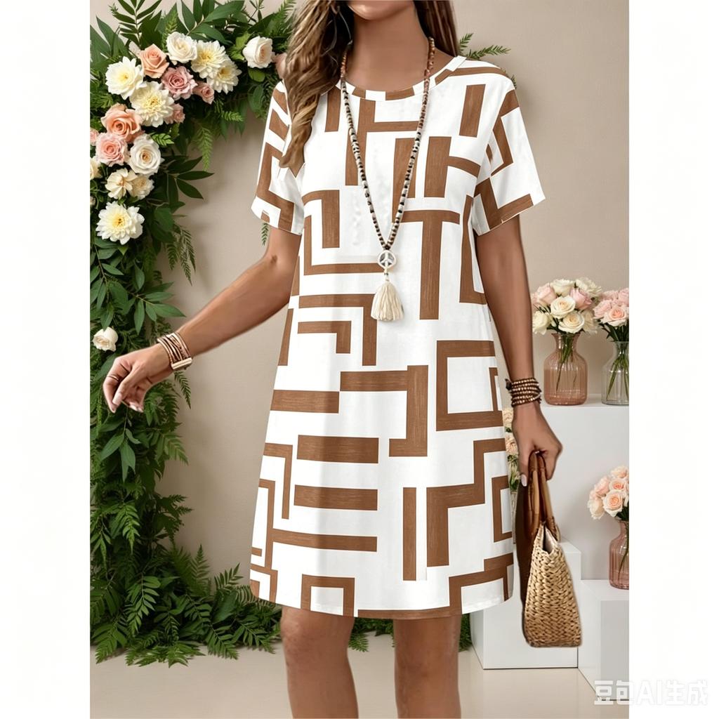 Summer Women's Fashionable Round Neck Short Sleeved Dress, Casual Outdoor Street Wear, Daily Clothing