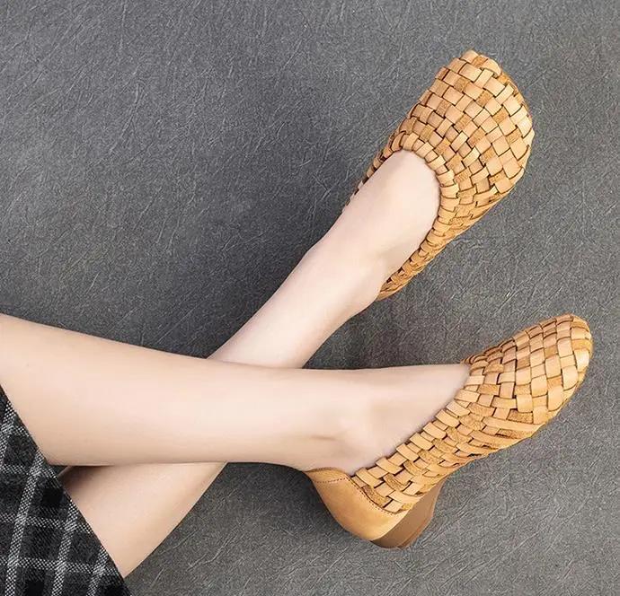 Fashion 2CM New Ethnic Handmade Weave Genuine Leather Oxfords Soft Soled Comfy Elegance Fashion Spring Summer Women Slip On Ladies Shoes
