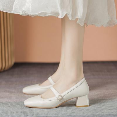 Mary Jane Single Shoes Lady Shallow Mouth Gentle Retro Pearl Thick Heel Evening Shoes