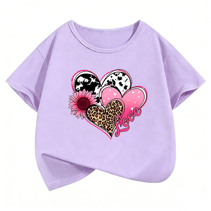 Leopard Love Heart Print TShirt Fashion T Shirt Girls Summer Casual Short Sleeve Tops TShirts Cute Girls Clothing