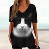 Kawaii Cat T Shirt for Women Painting Print Short Sleeve Tops Summer V-Neck Pullover Female Loose Clothing Tees Shirt
