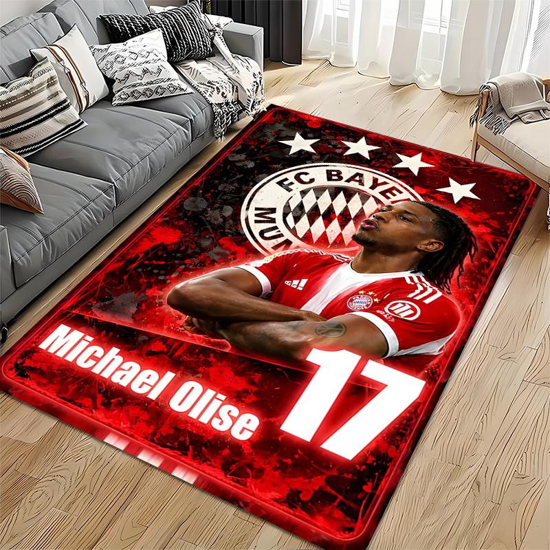 Soccer Star Area Rug, Michael Olise Bayern Munich 17 Red Stars Grunge Crest Print, Football Fan Bedroom Decor, Non-Slip Mat