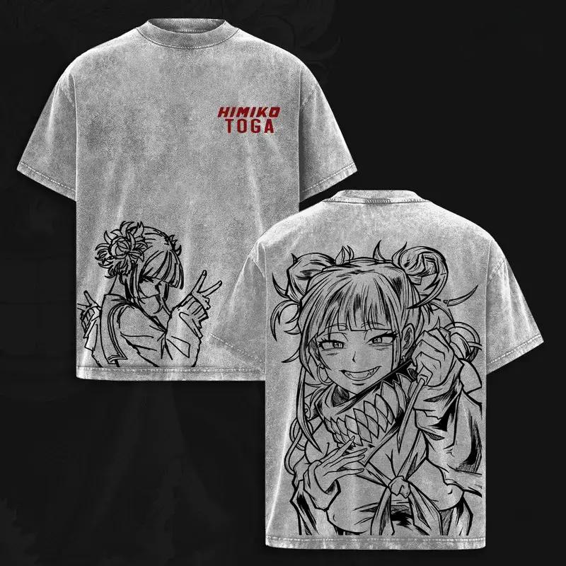 2026 Аниме Моя геройская академия Футболка Тога Химико Винтажная стираная Оверсайз Футболка Мужская Женская Одежда С коротким рукавом Хлопковые футболки Топ XXL серый