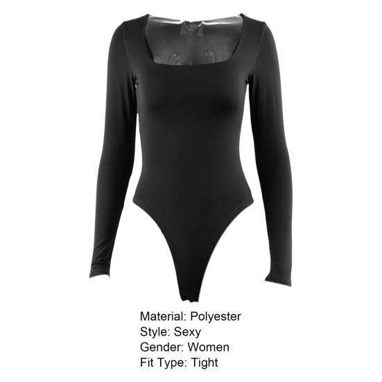 Women Bodysuit Solid Color Square Neck Slim Fit Sexy Lady Playsuit Daily Clothes