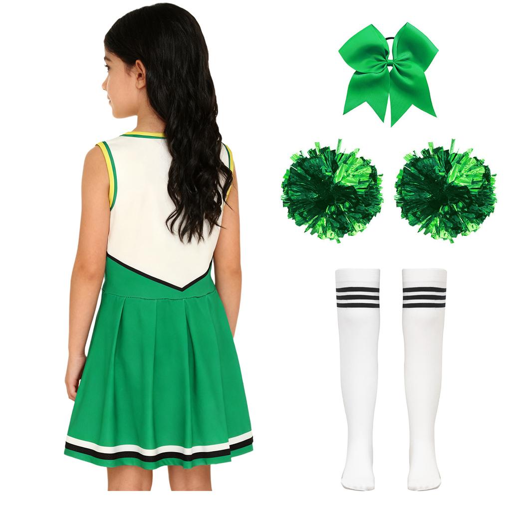 Vestito Completo Cheerleader per Ragazze Senza Maniche Gonna Pieghettata Stampa Lettere Fiori Pompom Accessori per Capelli Calzini a Tubo a Righe Costume Completo