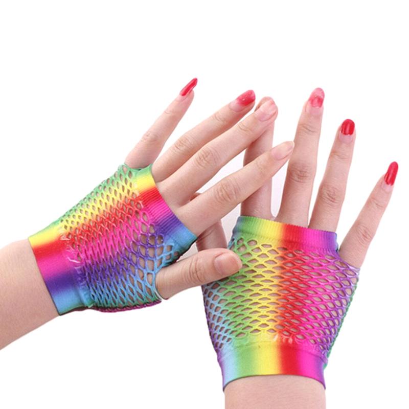 1 pár Dámské sexy síťované rukavice duhové barvy Dámské rukavice bez prstů s otvory Lady Disco taneční kostým Palčáky