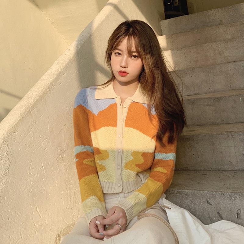 Women's Sweater Spring and Autumn New Polo Collar Short Knitted Cardigan