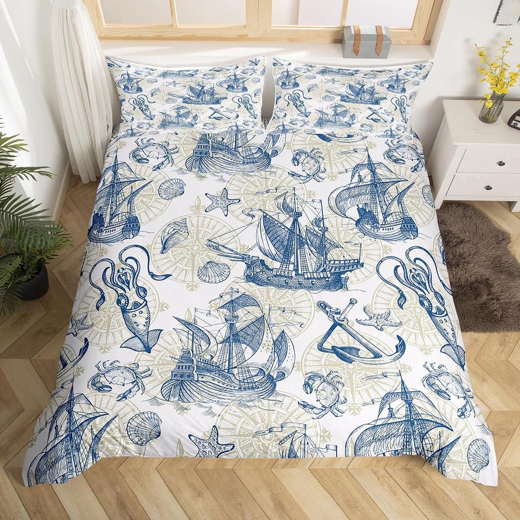 Anchor Bedding Set Nautical Sailboat Duvet Cover Wood Board Design Pattern Comforter Cover for Boys Ocean Theme Quilt Cover
