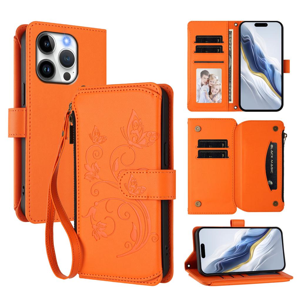 For iPhone 15 Pro Leather Case Butterfly Floral Imprint Zipper Wallet Stand Cover with Wrist Strap
