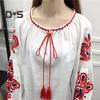 Summer Shirt Women Ethnic Style Embroidered Pattern Pullover Tops Round Neck Lantern Sleeve Loose Fit Blouse
