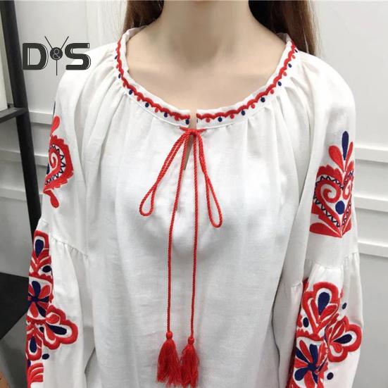 Summer Shirt Women Ethnic Style Embroidered Pattern Pullover Tops Round Neck Lantern Sleeve Loose Fit Blouse