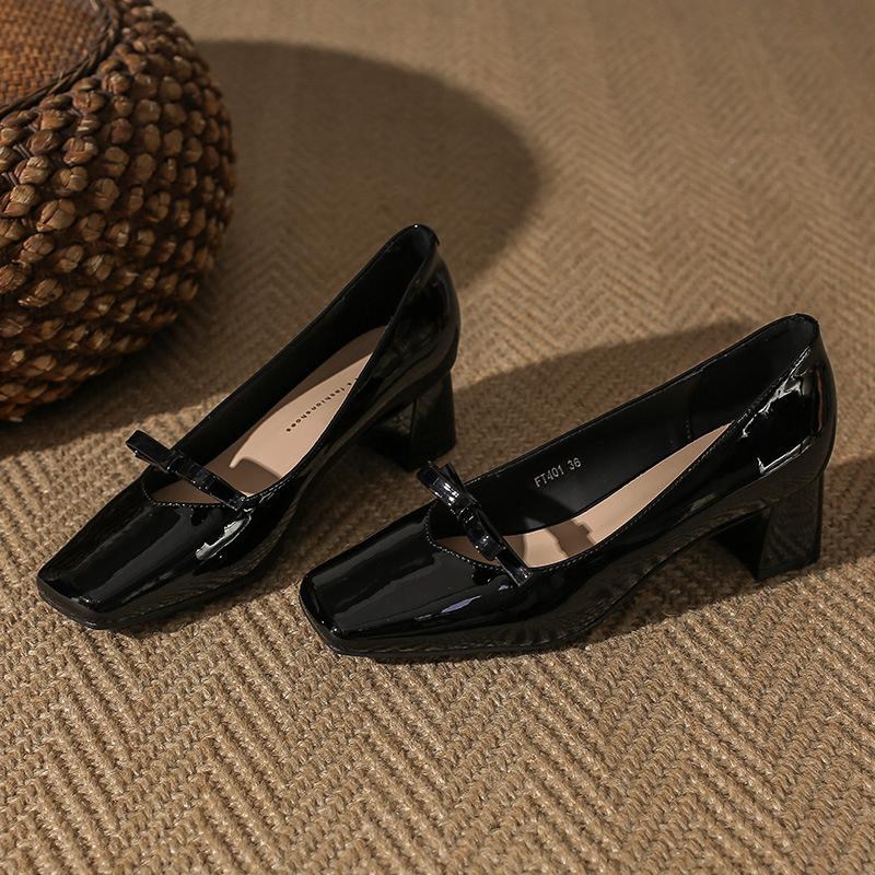 401 French elegant 5cm thick heel square head single shoes women's soft patent leather bow high heels high-end niche women's shoes