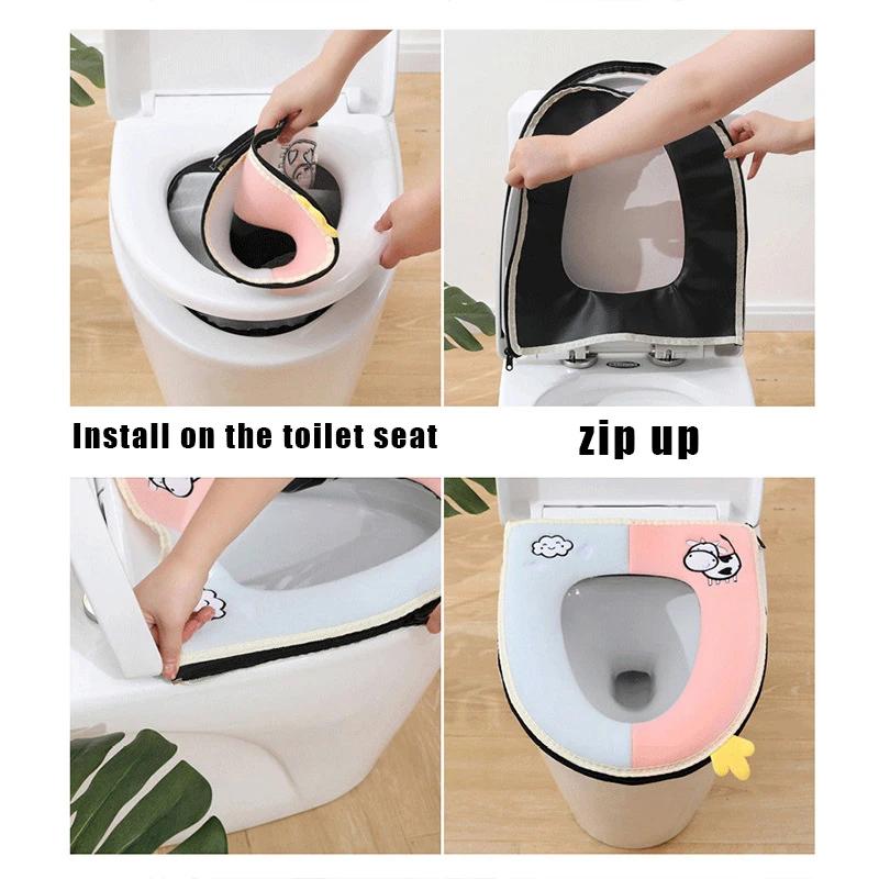 Winter Warm Toilet Seat Cover Cute Cartoon Toilet Seat Cushion Universal Waterproof Zipper Closestool Mat Bathroom Accessories