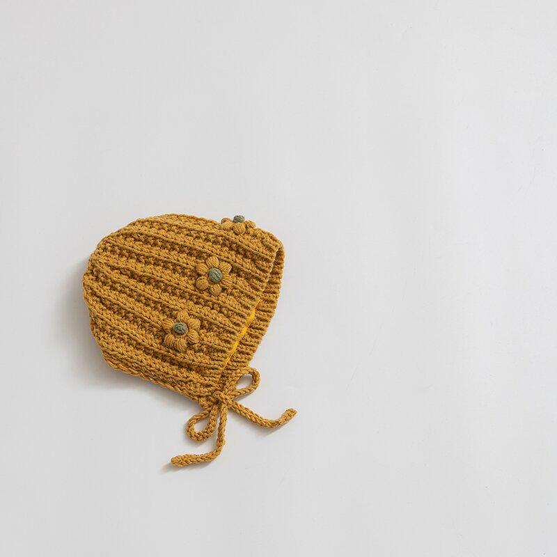 Korean Chic Flower Earmuff Hat: Warm Knit Wool Head Cover for Infants & Toddlers with Ties, Windproof & Handmade