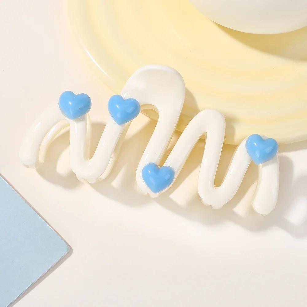 Cream Color Blue Heart Wave Shaped Hair Claw Clips for Women Sweet Irregular Shark Clip 10.5CM Large Ponytail Clip Hairpins