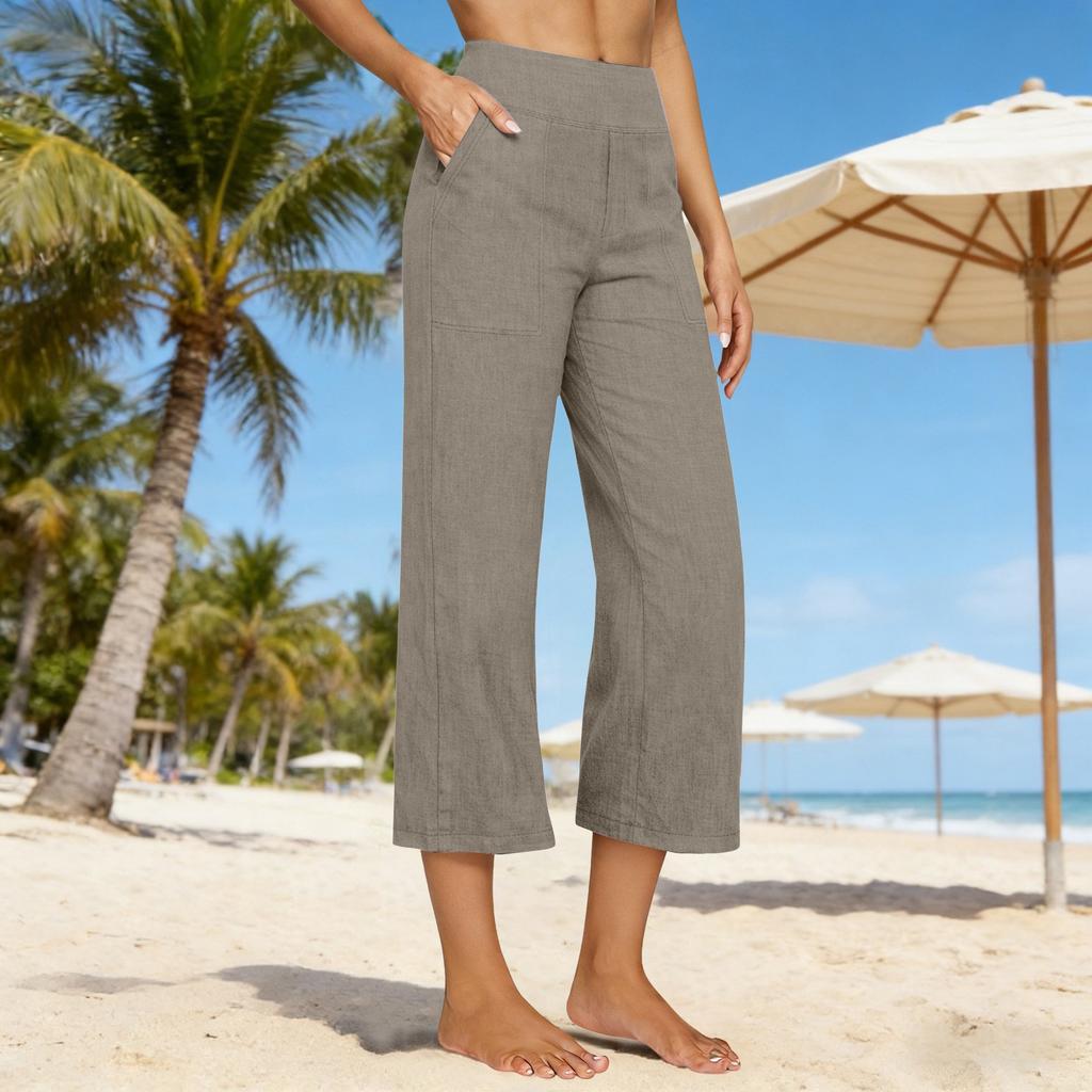 Women's Fashionable Loose-Fit Pocket Cotton-Linen Blend High-Waisted Wide-Leg Pants Casual Cropped Trousers