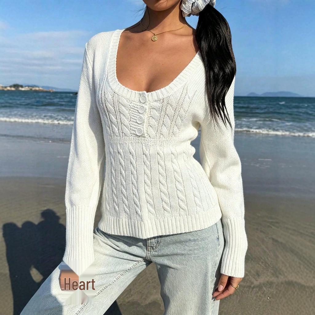 Women's Slimming Long Sleeve Square Neck Sweater - Spring/Autumn Style, Solid Color, In Stock