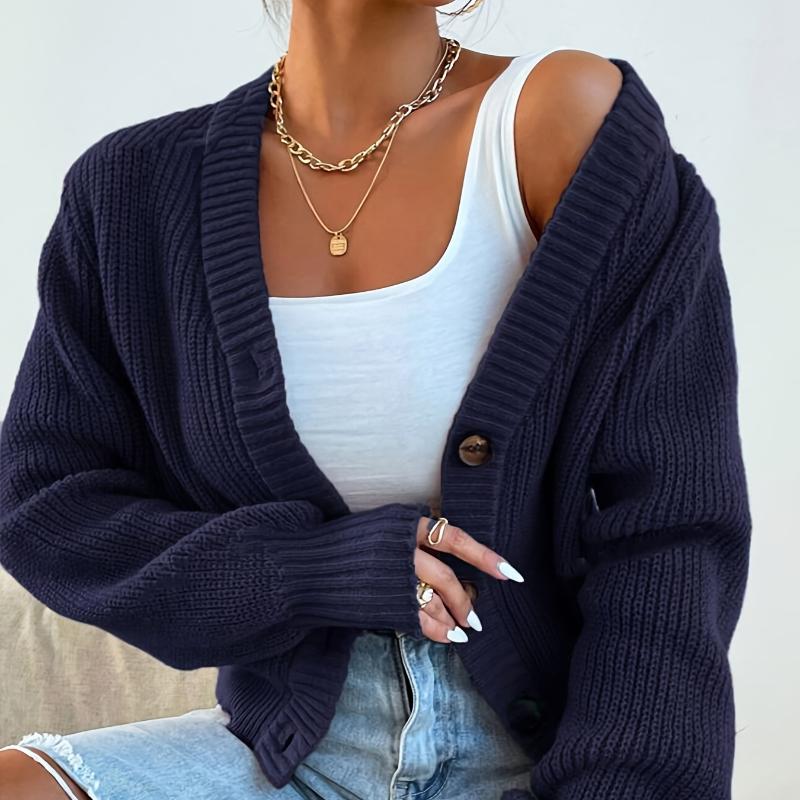 Elegant Women's Knitted Cardigan Sweater Jacket - Plain Color, Front Button, Autonomous Pattern - Spring and Autumn