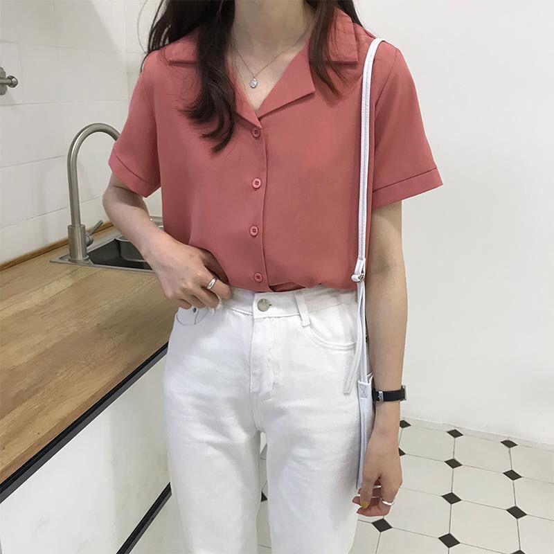2021 Spring Retro Korean Style Women's Short Sleeve Lapel Shirt