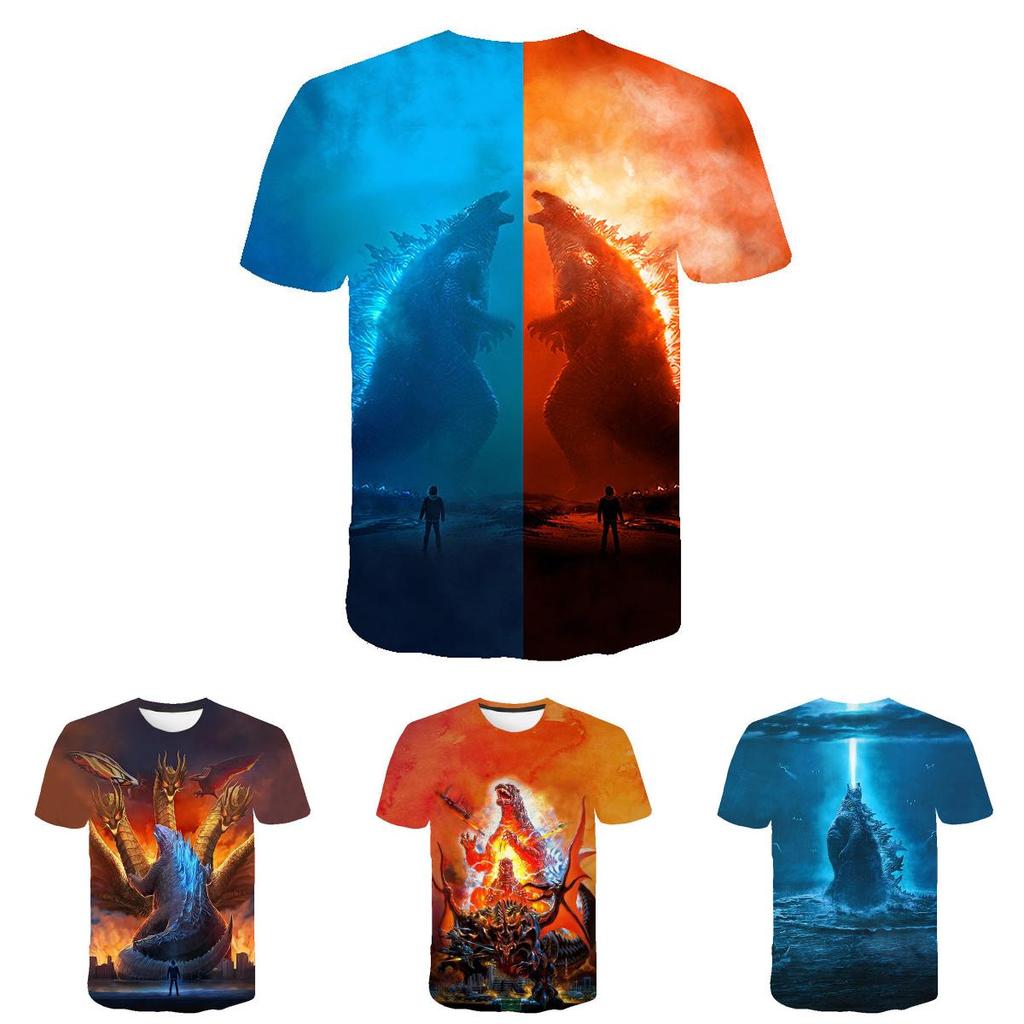 Farbenfrohes 3D-Druck-Godzilla-König-der-Monster-Unisex-Freizeit-Kurzarm-T-Shirt