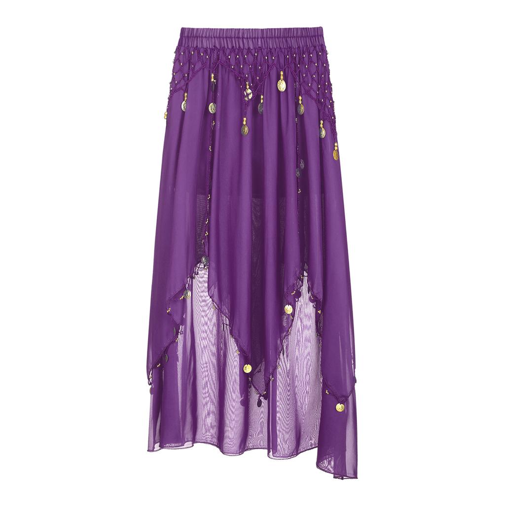 Ladies Sequin Beaded Belly Dance Skirt Chiffon Fabric Elastic Waistband Performance Costume Practice Dancewear