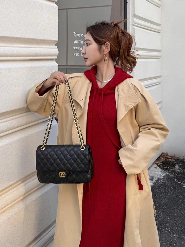 Luksusowa torebka łańcuszkowa z pikowanej skóry kawiorowej - Damska jesienno-zimowa torebka crossbody i na ramię 2024