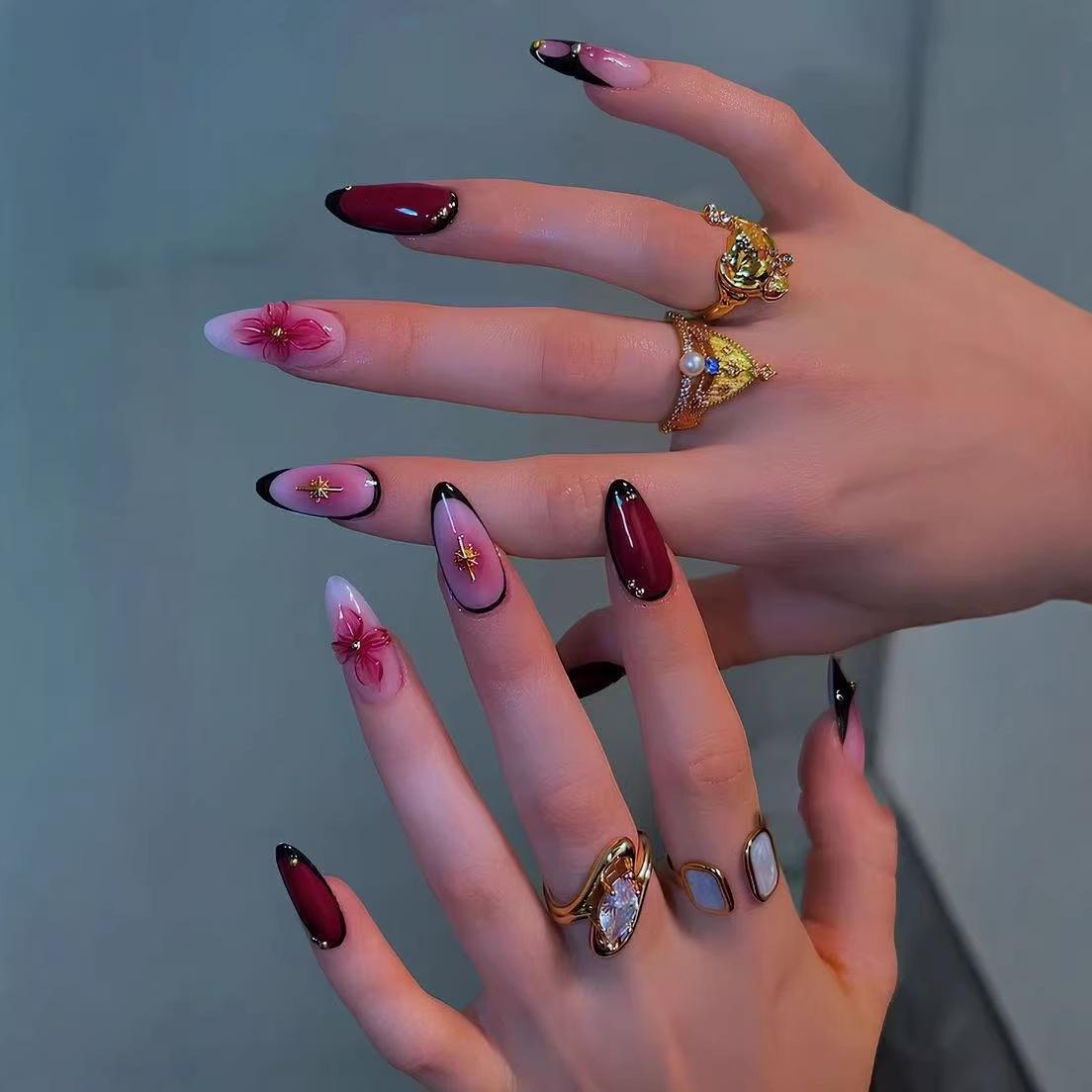 High-End Gold Beaded Almond-Shaped Floral Nail Art Stickers - French Edge, 24-Piece Velvet False Nails Set