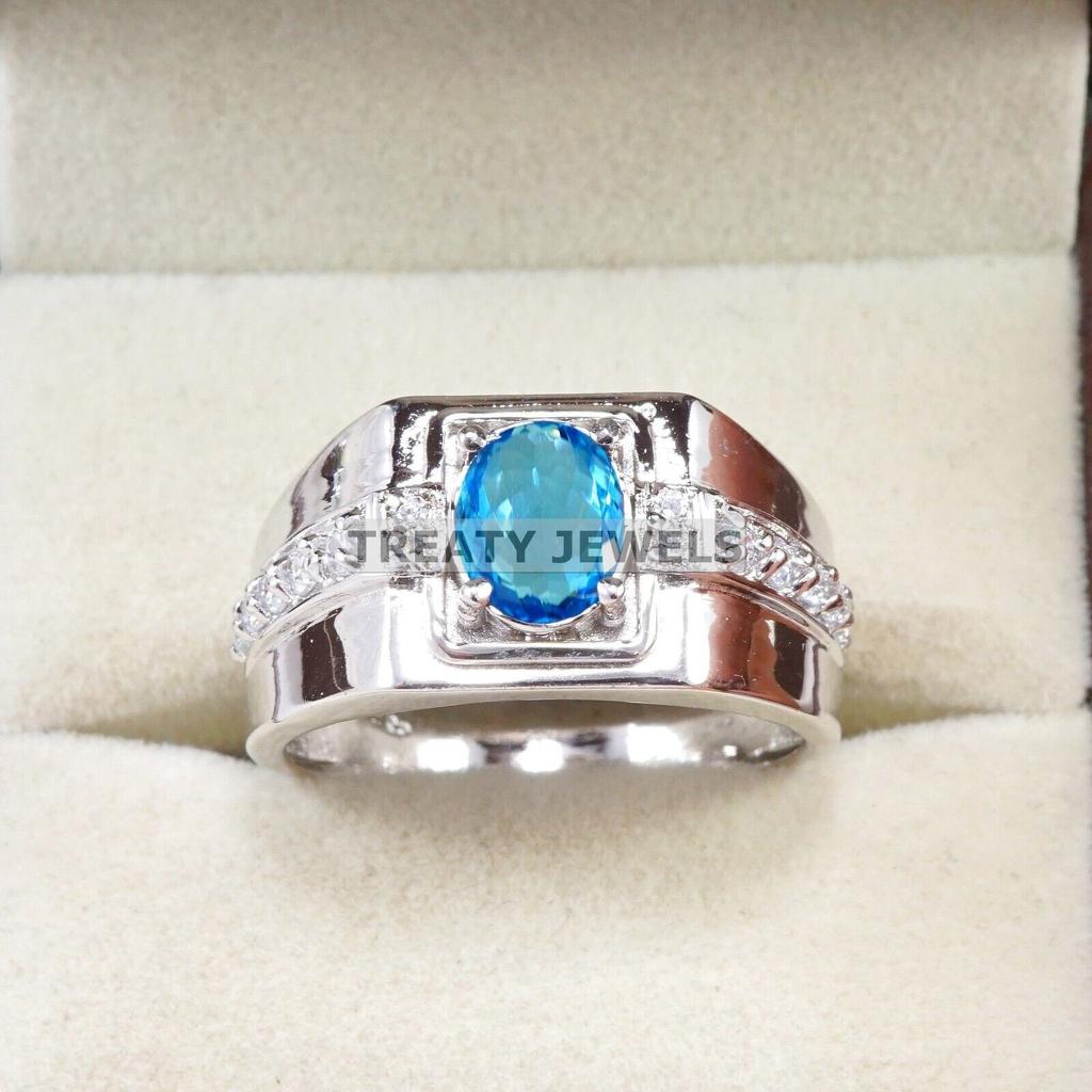 Blue Topaz Oval Cut Gemstone With 925 Sterling Silver Ring For Men's #A895 JL375669057802