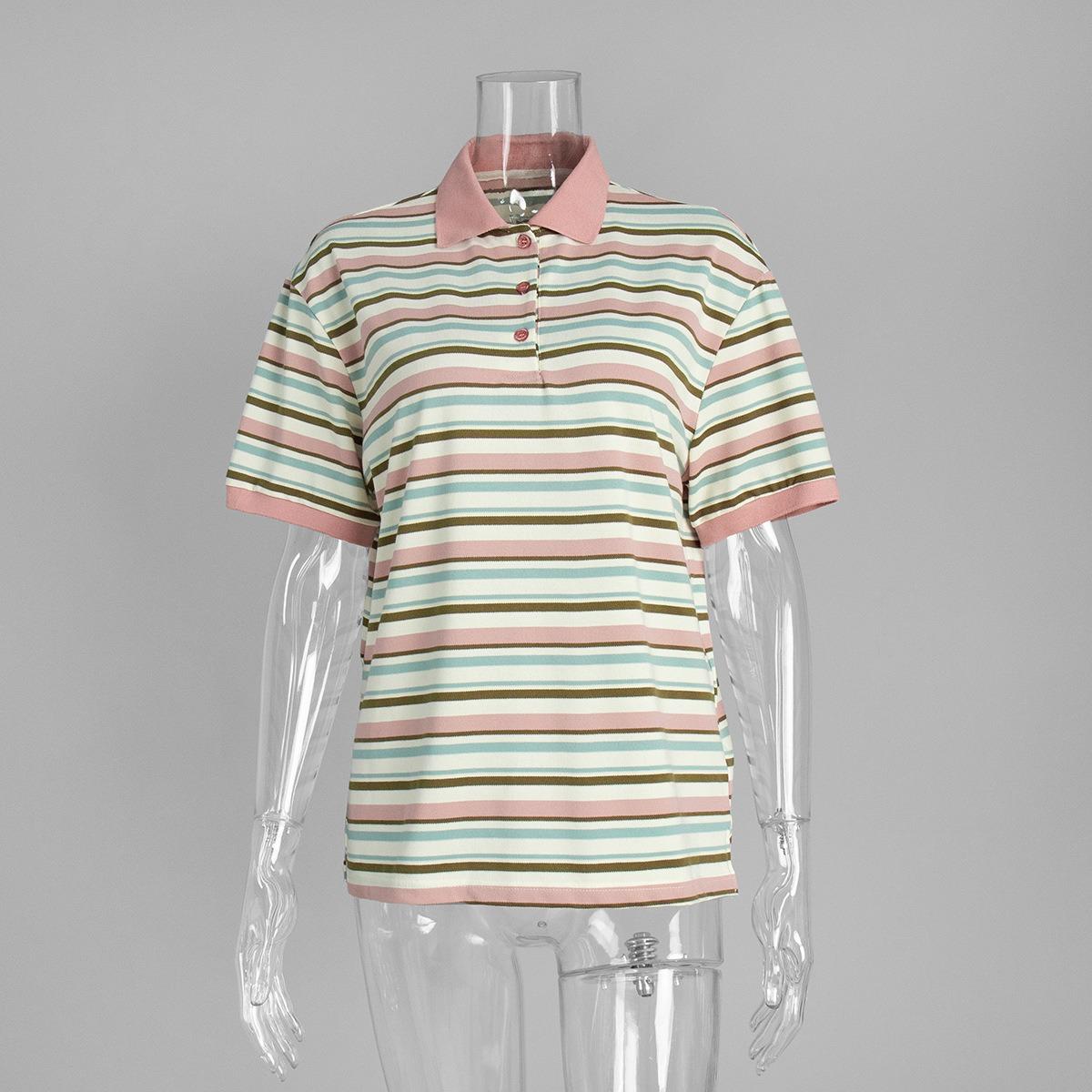 Summer New Women s Retro Colorblock Striped Polo Shirt, Loose Casual Short Sleeve Striped Top for Women, European American Style S