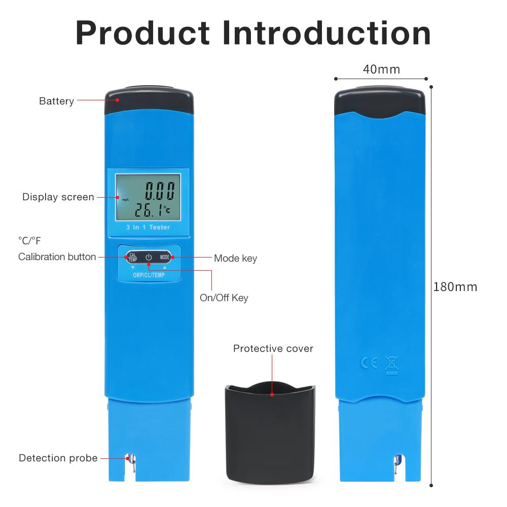 3 in 1 Cl ORP Temp H2 Meter Chlorine Test Dissolved Hydrogen Digital Water Tester for Aquarium Drinking Water Hydroponics Pool