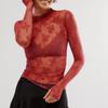 Women Long Sleeve T-Shirts Mesh See-Through Mock Neck Lace Shirts Spring Fall Slim Fit Tops Streetwear