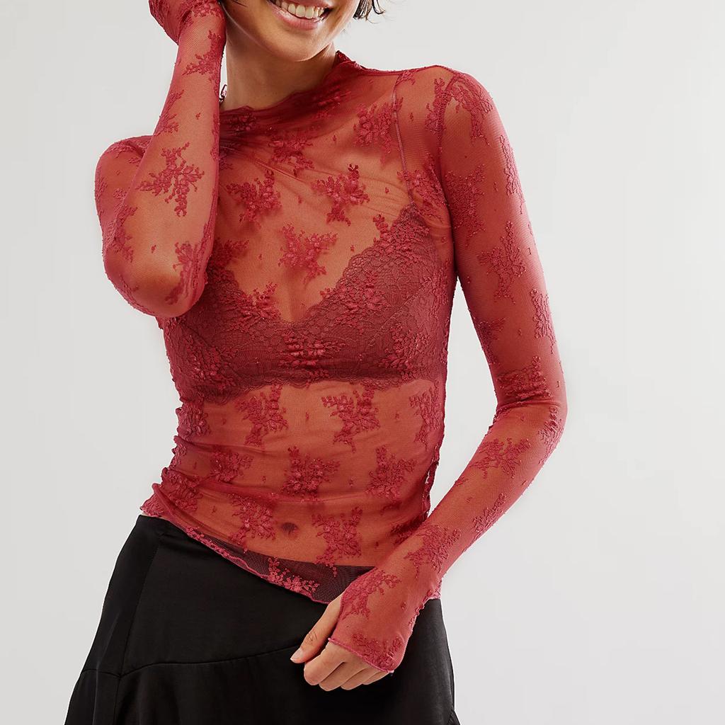 Women Long Sleeve T-Shirts Mesh See-Through Mock Neck Lace Shirts Spring Fall Slim Fit Tops Streetwear