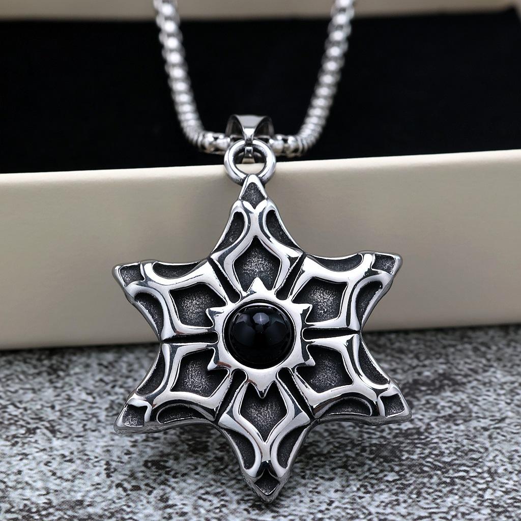 Vintage Mens Stainless Steel Pendant Black Gemstone Hexagram Necklace