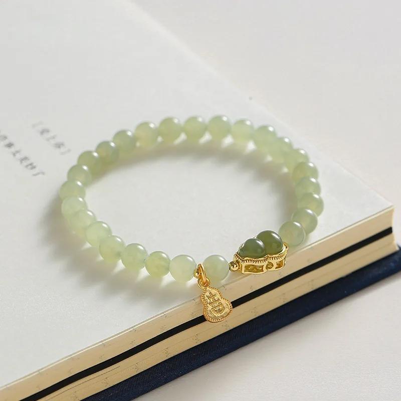 Classical Natural Hotan Jade Green Gourd Beaded Bracelet for Women Female Fresh Light Luxury Bangles Party Jewelry Gift
