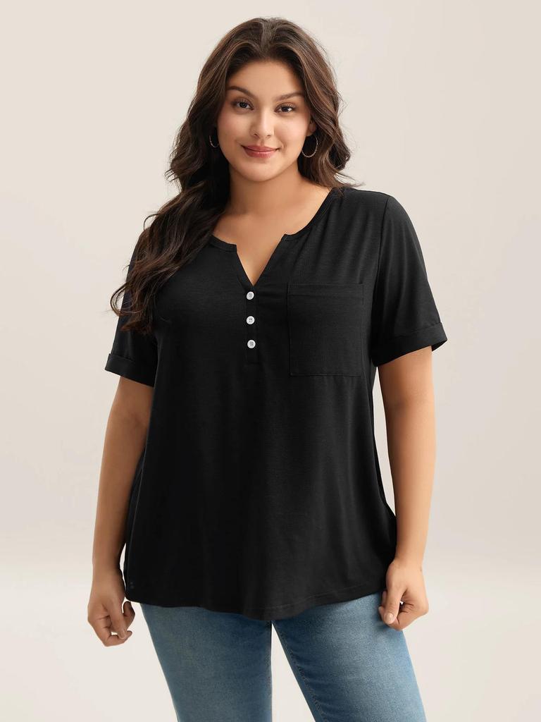 Großformat Damen V-Ausschnitt Knopf Kurzarm Einfarbig Lässig T-Shirt
